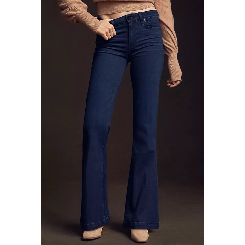 NWT PAIGE Genevieve Flare Jeans 25 High Rise Black Shadow 70s Boho Dark Denim